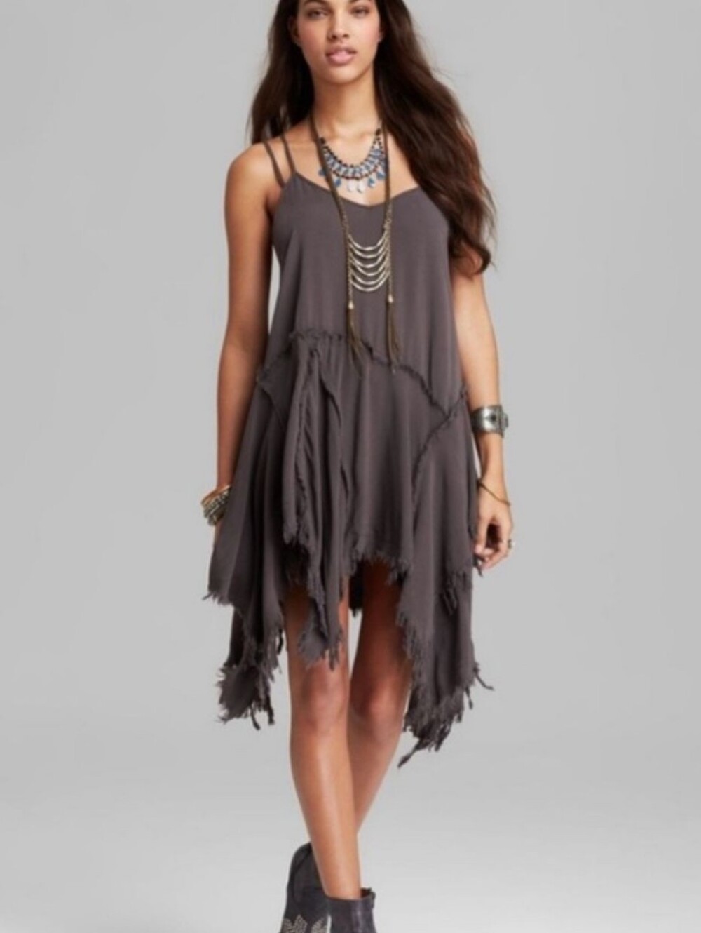 Free People Intimate Tattered Up Slip Dress, Charcoal, Size Medium